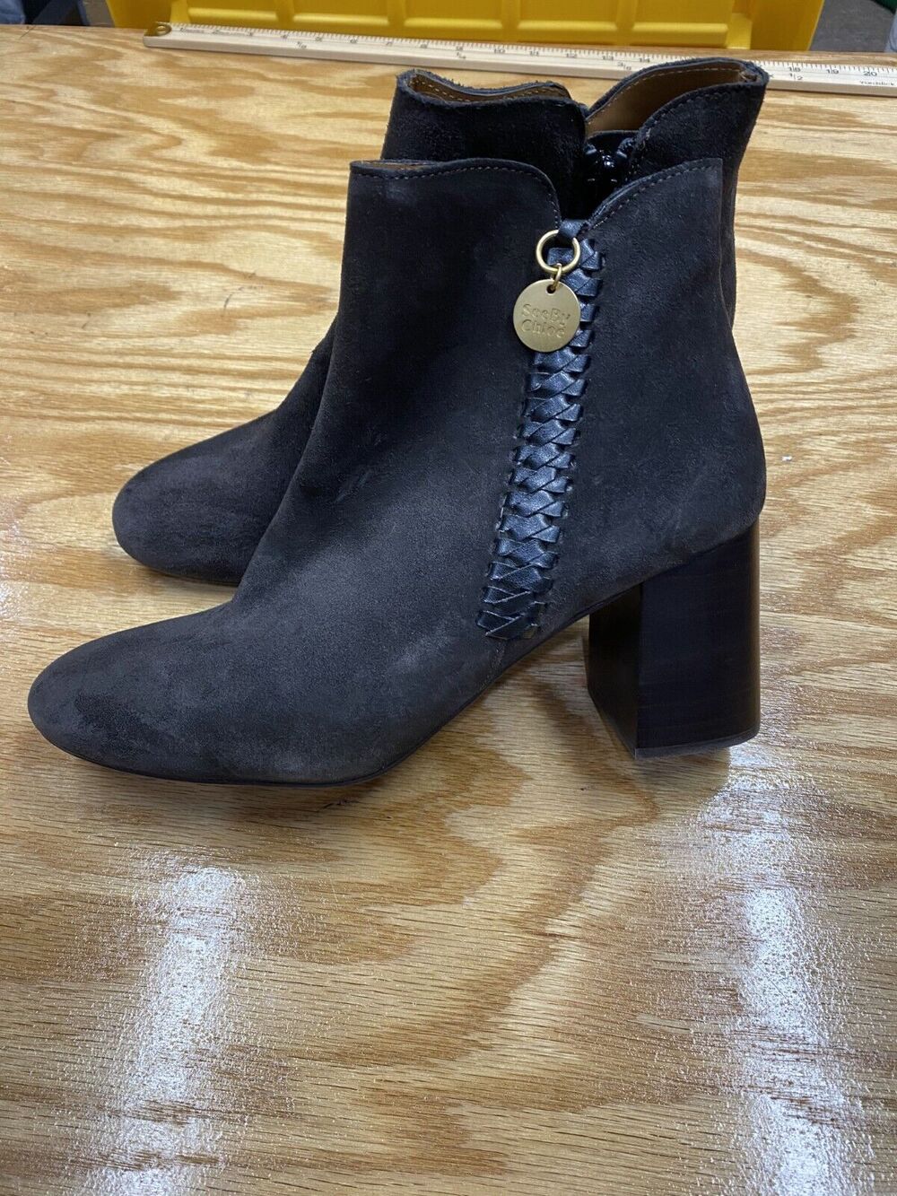 See By Chloe Louise Ankle Booties Womens 7.5 Black Suede Side Zipper Comfort S67
